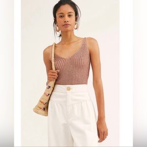 Free People Rose Gold Knit Plunge V-Neck Sleeveless Bodysuit (M)